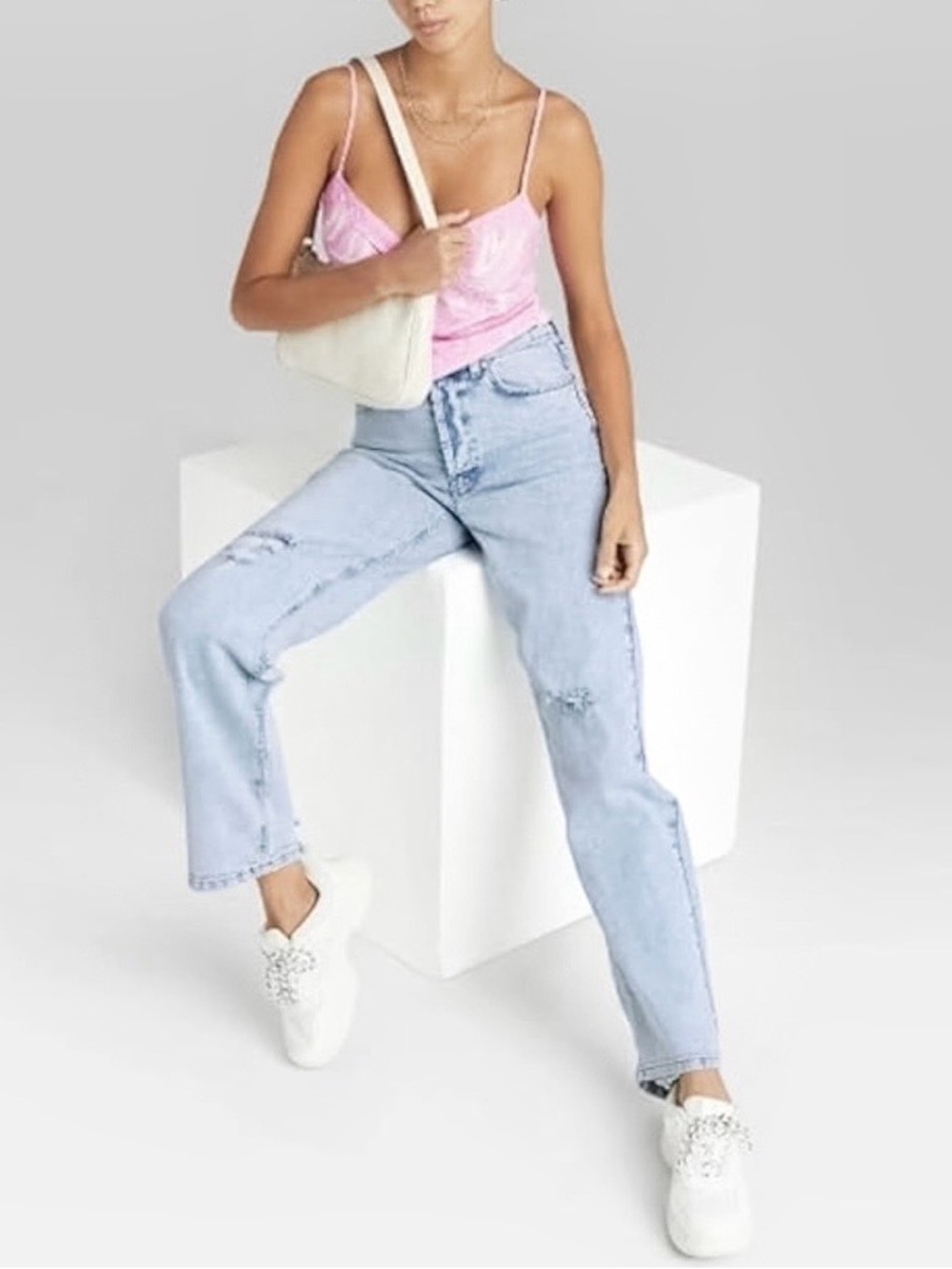 Wild Fable Super High Rise Straight Jeans Button Fly Distressed Light Wash